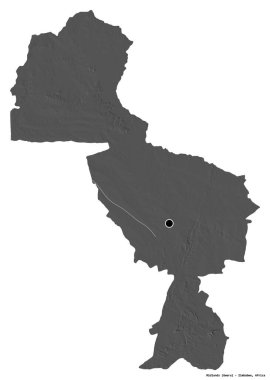 Midlands, Zimbabwe eyaleti, başkenti beyaz arka planda izole edilmiştir. Çift seviyeli yükseklik haritası. 3B görüntüleme