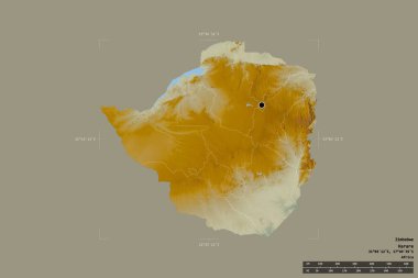 Zimbabwe bölgesi, jeoreferatlı bir sınır kutusunda sağlam bir arkaplanda izole edilmiş. Ana bölgesel bölüm, mesafe ölçeği, etiketler. Topografik yardım haritası. 3B görüntüleme