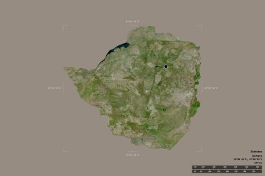 Zimbabwe bölgesi, jeoreferatlı bir sınır kutusunda sağlam bir arkaplanda izole edilmiş. Ana bölgesel bölüm, mesafe ölçeği, etiketler. Uydu görüntüleri. 3B görüntüleme