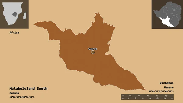 Form Matabeleland South Provinsen Zimbabwe Och Dess Huvudstad Avståndsskala Förhandsvisningar — Stockfoto