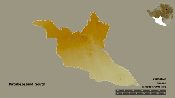 津巴布韦南部Matabeleland的形状 其首都在坚实的背景下与世隔绝 距离尺度 区域预览和标签 地形浮雕图 3D渲染 — 图库照片