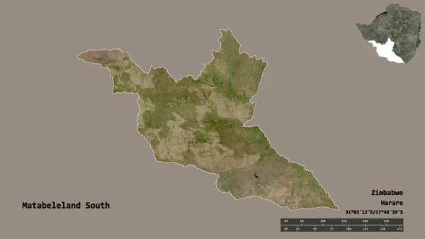 津巴布韦南部Matabeleland的形状 其首都在坚实的背景下与世隔绝 距离尺度 区域预览和标签 卫星图像 3D渲染 — 图库照片