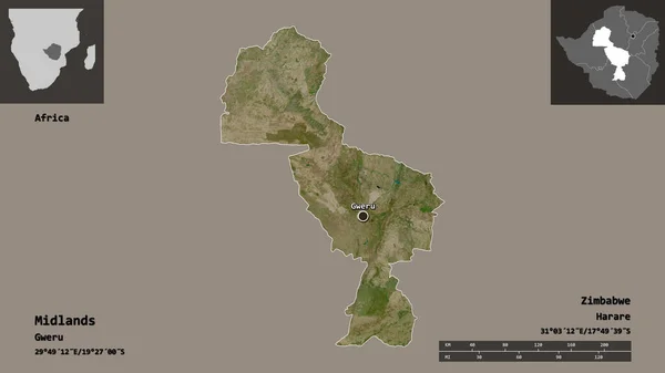 ミドランド ジンバブエ州 およびその首都の形状 距離スケール プレビューおよびラベル 衛星画像 3Dレンダリング — ストック写真