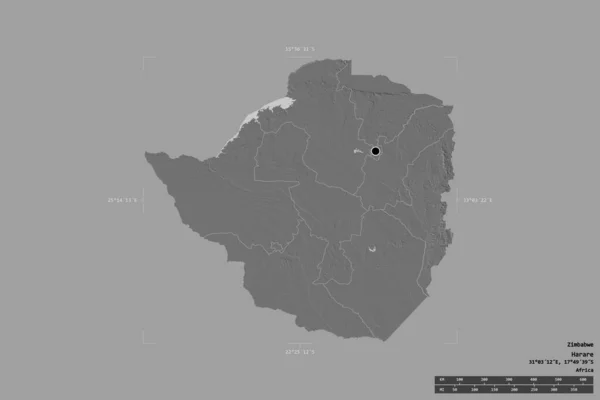 ジンバブエの地域は 洗練された境界の箱の中の強固な背景に隔離されました 主な地域部門 距離スケール ラベル 標高マップ 3Dレンダリング — ストック写真