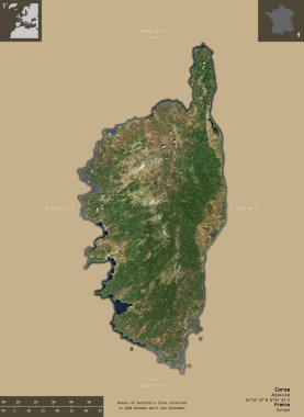 Corse, Fransa bölgesi. Sentinel-2 uydu görüntüleri. Bilgilendirici örtülerle sağlam arkaplanda izole edilmiş şekil. 3B görüntüleme