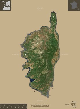 Corse, region of France. Sentinel-2 satellite imagery. Shape isolated on solid background with informative overlays. 3D rendering clipart