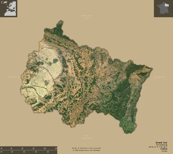 Grand Est Регион Франции Снимки Спутника Сентинел Форма Изолирована Твердом — стоковое фото