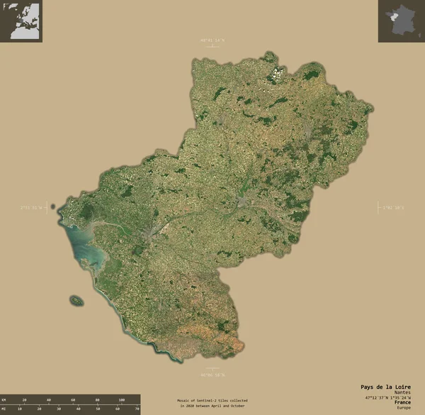 Pays Loire 法国地区 2号卫星图像 在坚实的背景上与信息覆盖隔离的形状 3D渲染 — 图库照片