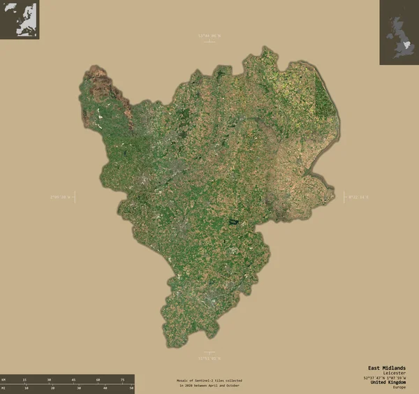 East Midlands Region Storbritannien Satellitbilder Från Sentinel Form Isolerad Solid — Stockfoto