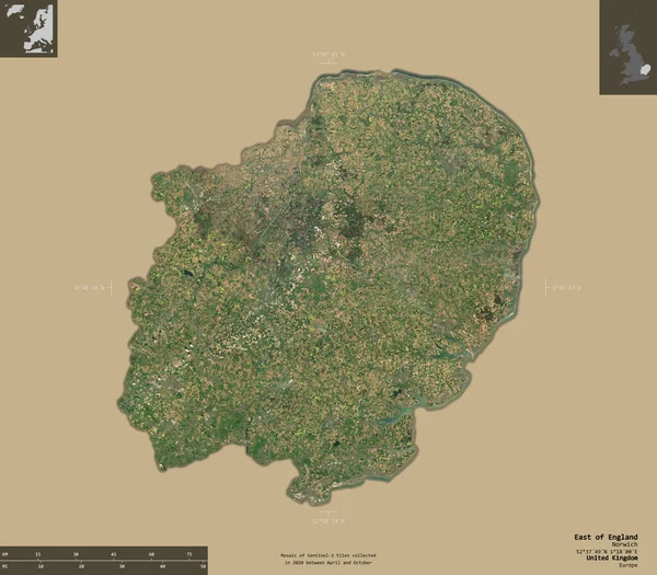 英格兰东部 英国的一个地区 2号卫星图像 在坚实的背景上与信息覆盖隔离的形状 3D渲染 — 图库照片