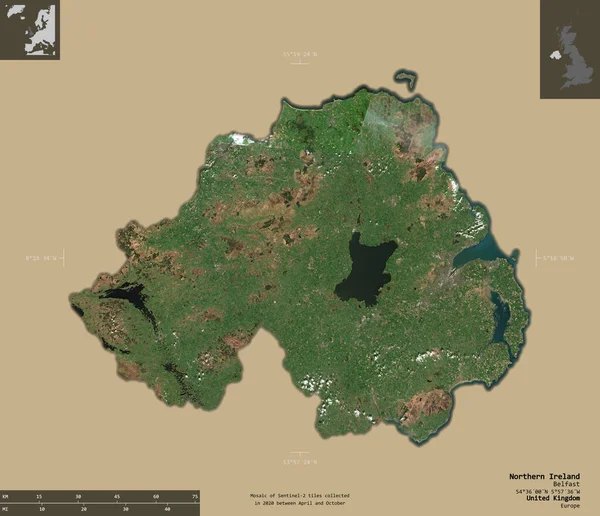 北爱尔兰 联合王国地区 2号卫星图像 在坚实的背景上与信息覆盖隔离的形状 3D渲染 — 图库照片