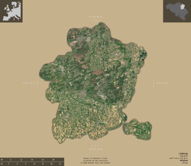 Limburg, Belçika vilayeti. Sentinel-2 uydu görüntüleri. Bilgilendirici örtülerle sağlam arkaplanda izole edilmiş şekil. 3B görüntüleme