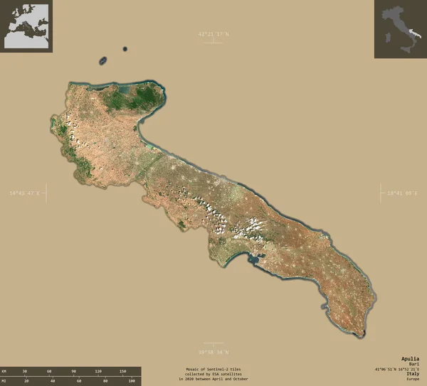 Apulia Región Italia Imágenes Satelitales Sentinel Forma Aislada Sobre Fondo —  Fotos de Stock