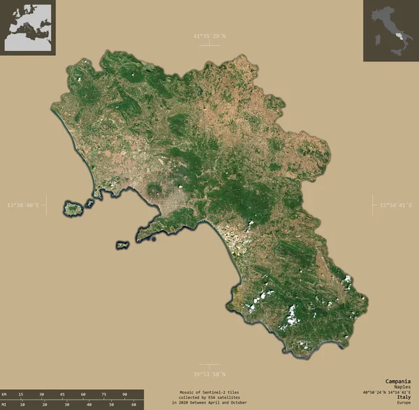 Kampánie Region Itálie Sentinel Satelitní Snímky Tvar Izolovaný Pevném Pozadí — Stock fotografie