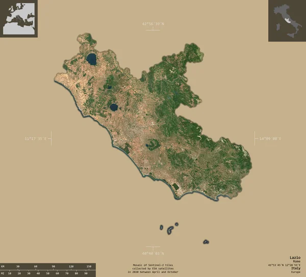 ラツィオ イタリアの地域 センチネル 2衛星画像 有益なオーバーレイと固体背景に隔離された形状 — ストック写真