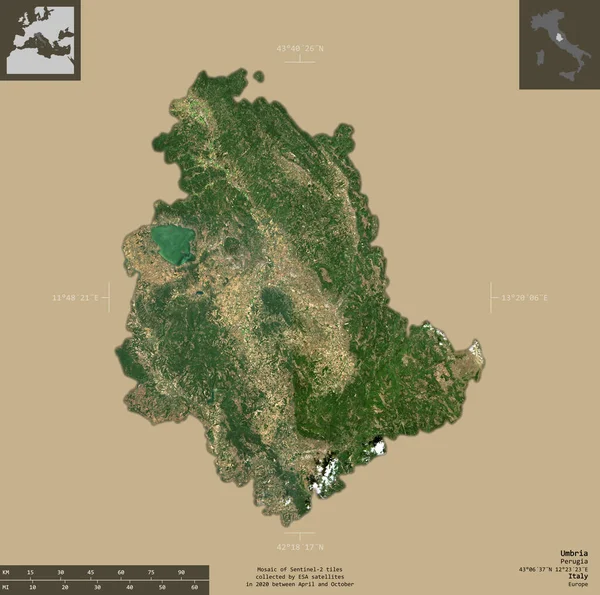 ウンブリア イタリアの地域 センチネル 2衛星画像 有益なオーバーレイと固体背景に隔離された形状 — ストック写真