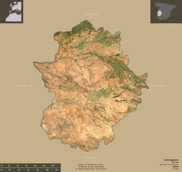 Extremadura Comunidad Autónoma España Imágenes Satelitales Sentinel Forma Aislada Sobre —  Fotos de Stock