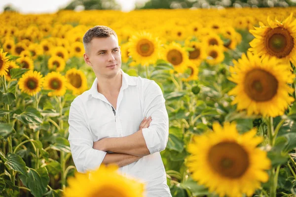 Joven hombre feliz en los campos de girasol —  Fotos de Stock