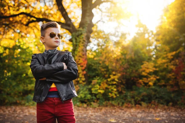 Przystojny, stylowy chłopiec stojący ze złożonymi ramionami w jesiennym parku — Zdjęcie stockowe