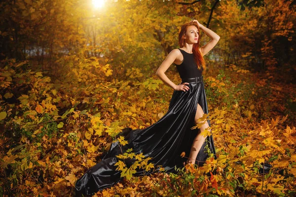 Mysterious woman in a black dress, walks in the autumn park bare — Stock Photo, Image