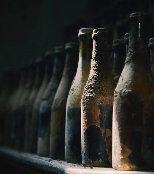 Старі пляшки вина в ряд — стокове фото