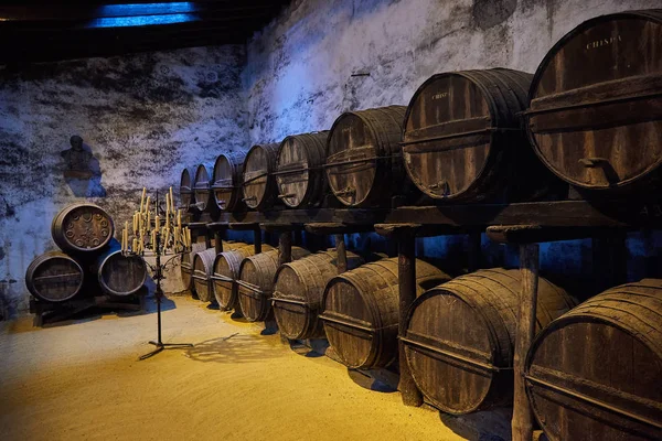西班牙葡萄酒桶酒窖 图库图片