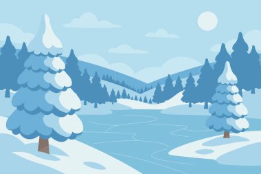 Çizgi film kış sahnesi. Çam ağaçları tepeleri ve donmuş su düz arka planda.