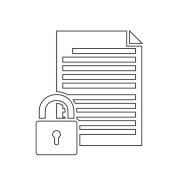 Kilitli belge simgesi kavramı. Kağıt simgesi üzerinde açılan asma kilit.