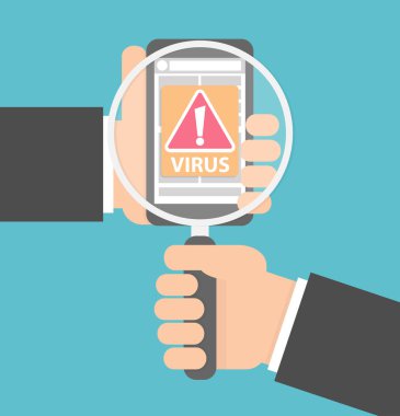 Cep telefonu kavramı virüs kontrol edin. Akıllı telefonun üzerinde büyüteç tutan el