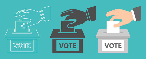 Концепт голосования руки положить белую бумагу в урну для голосования
