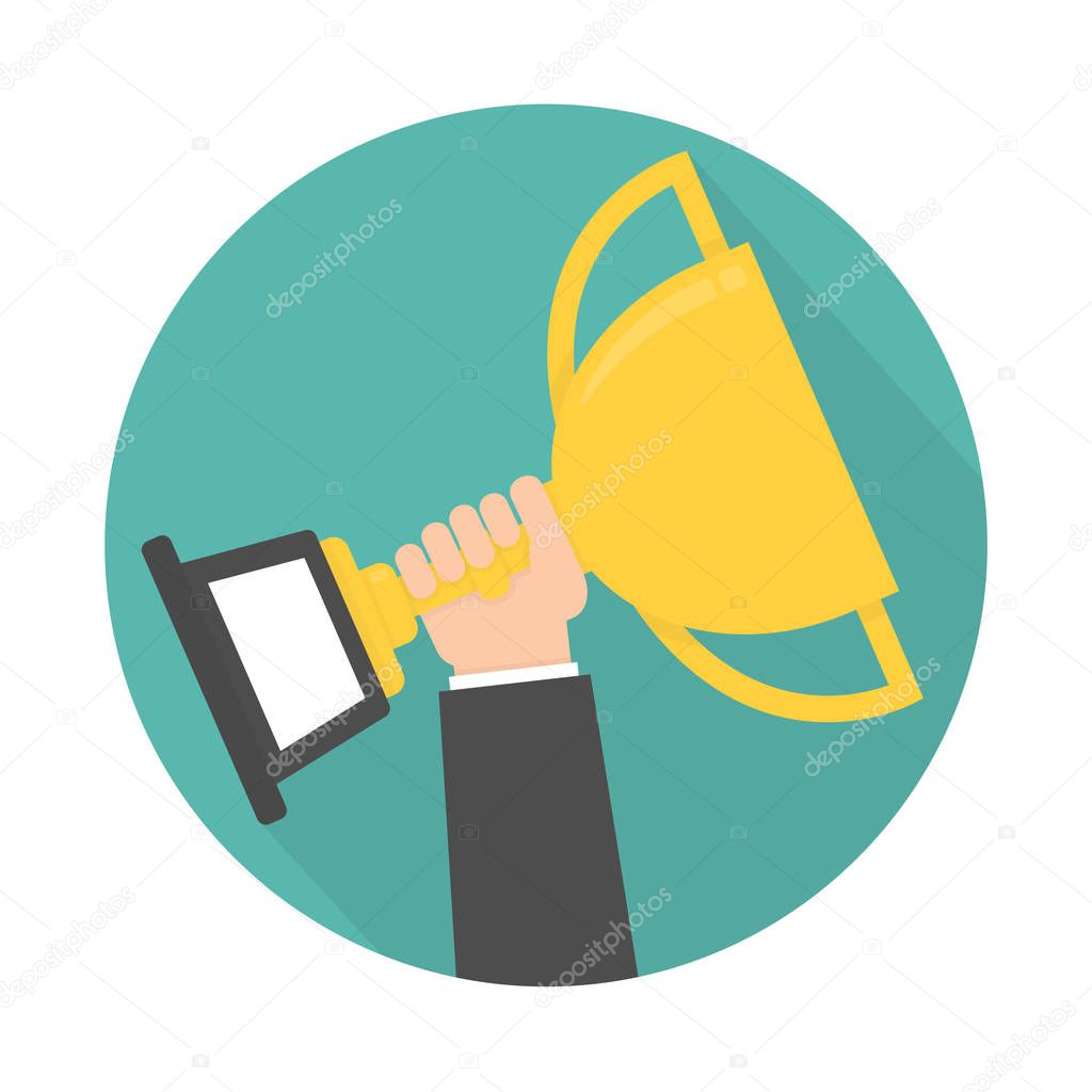 Hand holding and rising up golden trophy icon. Circle shaped with long shadow