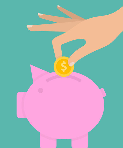 Woman putting golden coin in pink piggy bank, Saving money concept