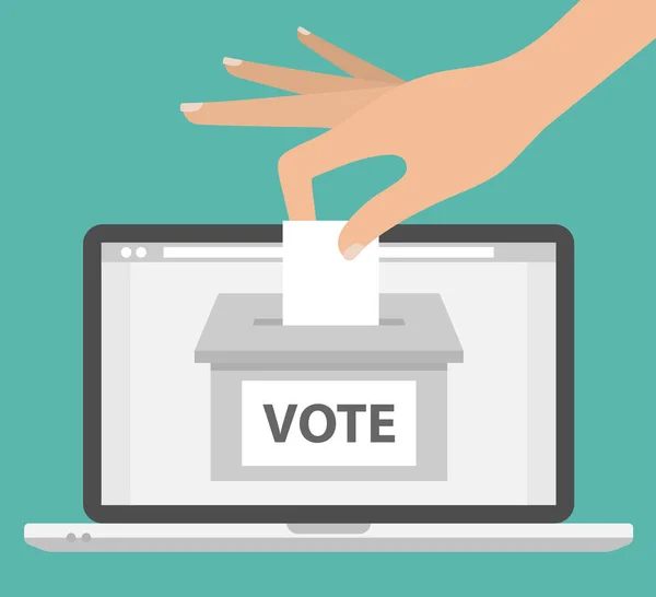 投票在线概念 妇女手把投票纸放在笔记本电脑屏幕上的投票箱里 — 图库矢量图片