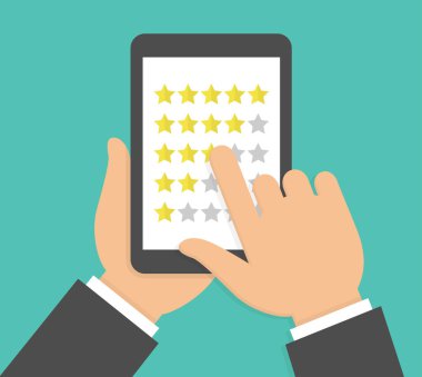 Çevrimiçi geri bildirim derecelendirmesi ve inceleme konsepti. Hız yıldızları olan tablet ekranına el tutma ve işaret etme. Düz tasarım