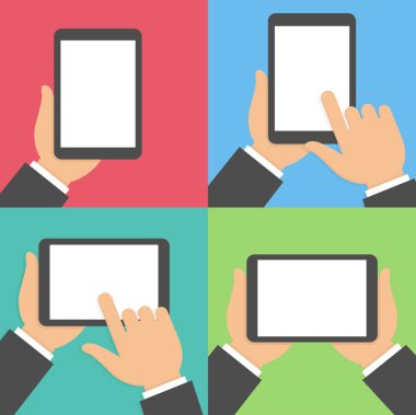 Tablet kullanım simgesi ayarlayın. Boş ekranlı bir tableti elle tutma ve işaret etme. Dikey ve yatay görünüm. Düz tasarım