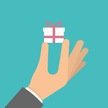 cropped image of businessman holding white gift box with red bow on green background clipart
