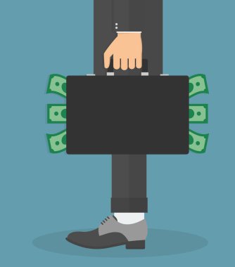 mavi arka plan üzerinde dolar dolu evrak çantası tutan işadamı