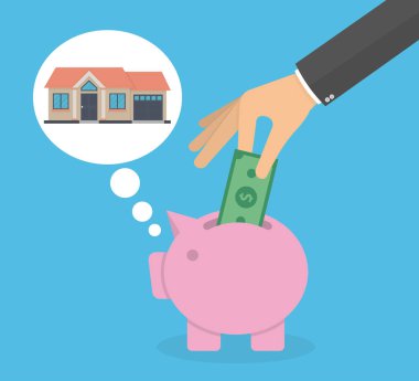 adam Piggy banka para koyarak, yeni ev kavramı için para tasarrufu