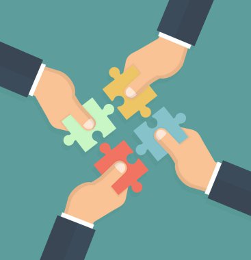 İşadamları koyarak puzzle parçaları birlikte, ekip çalışması kavramı