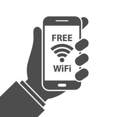 Ücretsiz wifi işareti konsepti. Ekranda ücretsiz wifi metin ve wifi sembolü ile el tutma cep telefonu