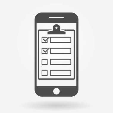 Kontrol listesi simgesi ne sahip cep telefonu, panolu akıllı telefon ve ekranda kontrol listesi. Vektör çizimi