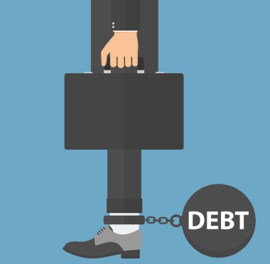 Borç kavramı. İşadamı ayağına zincirlenmiş borç ağırlığı