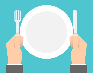 Boş bir plaka önünde el tutma çatal ve bıçak