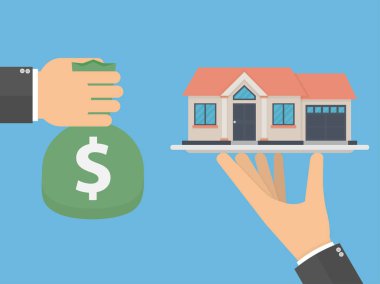 dolar işareti ve ev modeli ile para çanta tutan erkekler, yeni ev konsepti satın alma