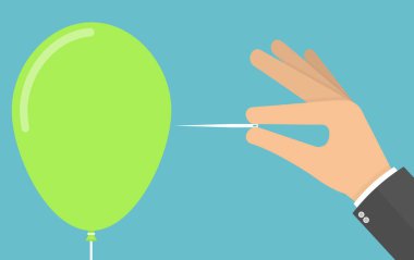 cropped image of businessman pricking green balloon with needle clipart