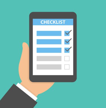 Üzerinde kontrol listesi olan el tutma tableti. Düz tarzda vektör çizimi