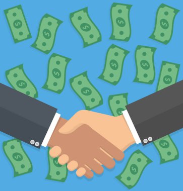 mavi arka planda düşen dolar ile eller sallayarak çok kültürlü işadamlarının kırpılmış görüntü