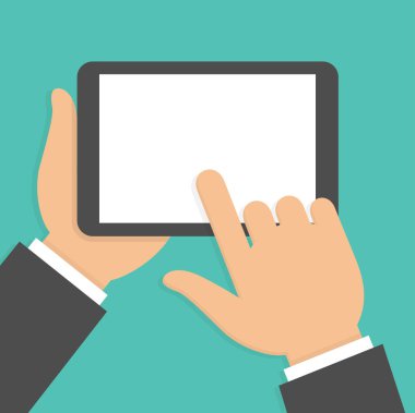 Tablet işaret parmağı ile elinde. Boş ekranlı el tutma tableti. Yatay görünüm. Düz tarzda vektör çizimi