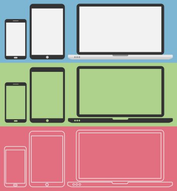 renkli arka planda boş ekranlara sahip dizüstü bilgisayar, tablet ve akıllı telefon seti