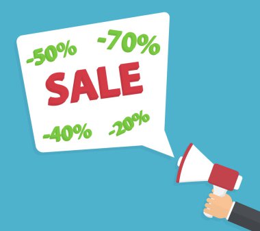 Satış konsepti. Konuşma balonu ile el tutan megafon. Düz stil